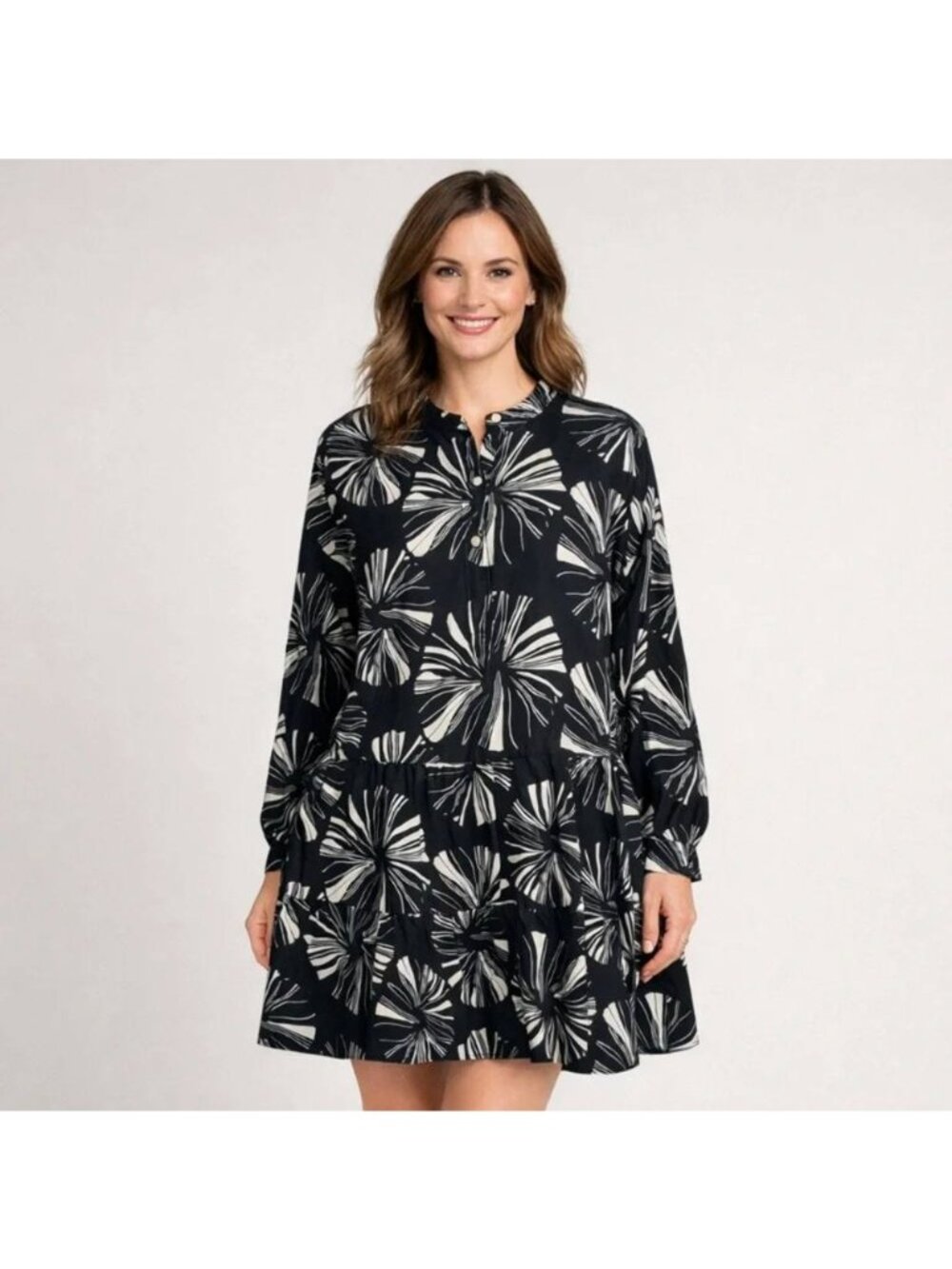 NWT Ann Mashburn Linen Cotton Printed Tiered Shirt Dress Size L
